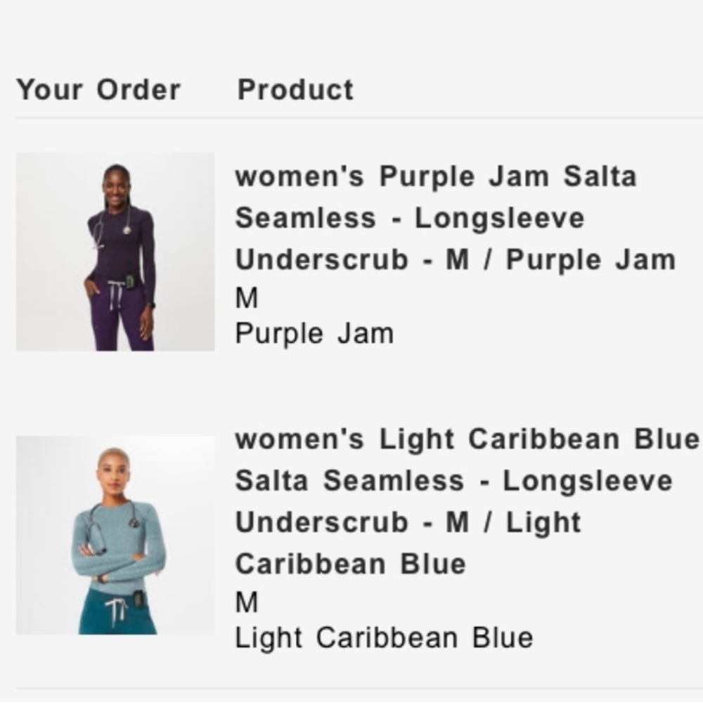 Women's Figs Longsleeve Underscrub Purple & Light Caribbean Blue 2 shirts NWOT